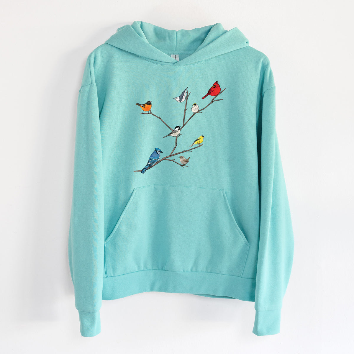 Backyard Birds Gathering - Statement Midweight Hoodie in Seafoam, hanging on a white wall, with a front kangaroo pocket and no drawcords.