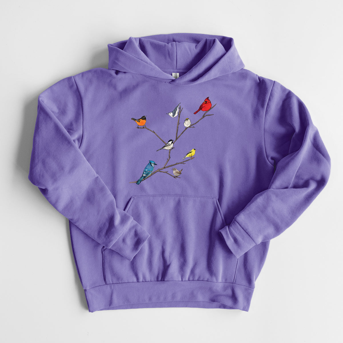 Backyard Birds Gathering - Statement Midweight Hoodie in Violet, laid flat, showing the oversized boxy fit and front kangaroo pocket.