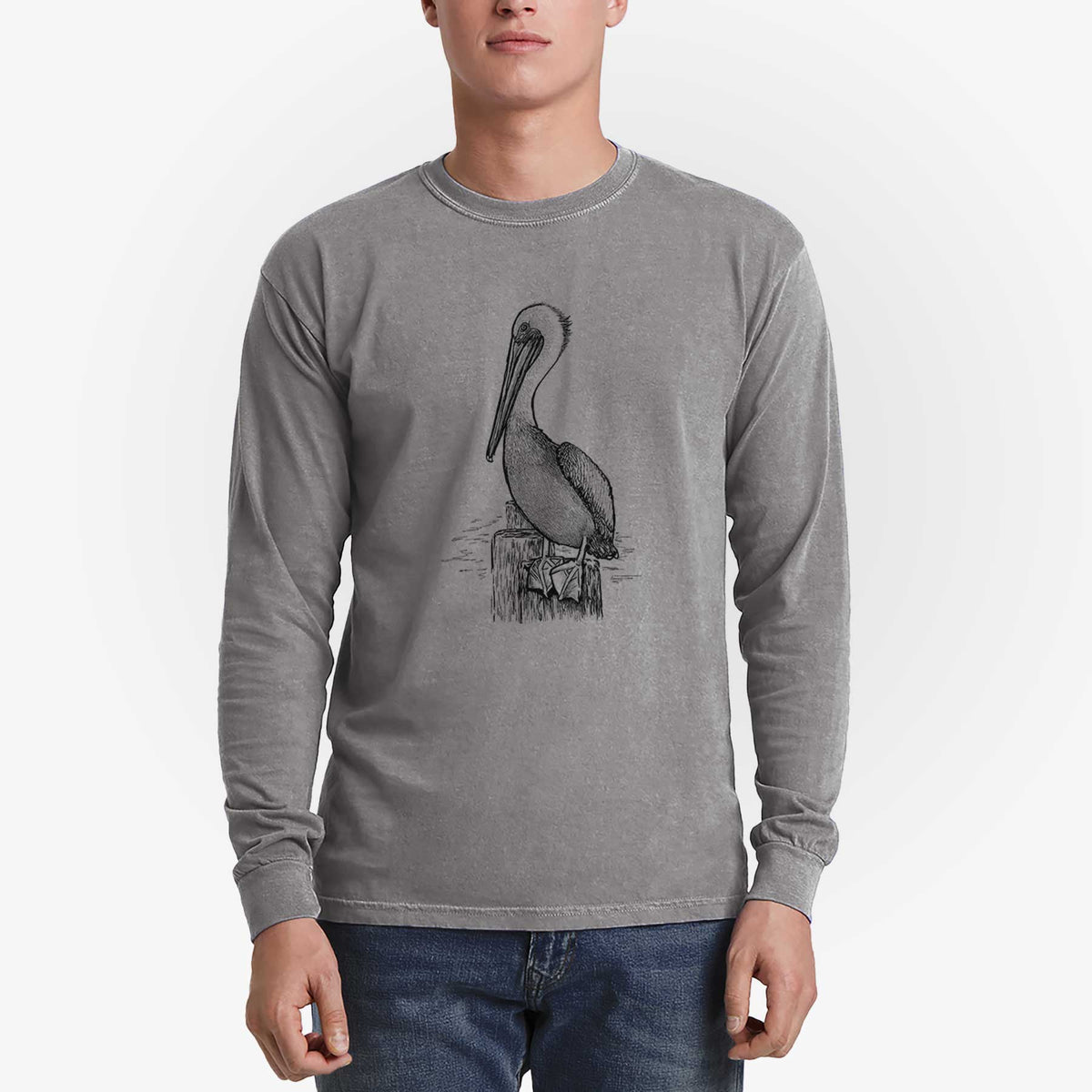 Pelecanus occidentalis - Brown Pelican - Men&#39;s Heavyweight 100% Cotton Long Sleeve