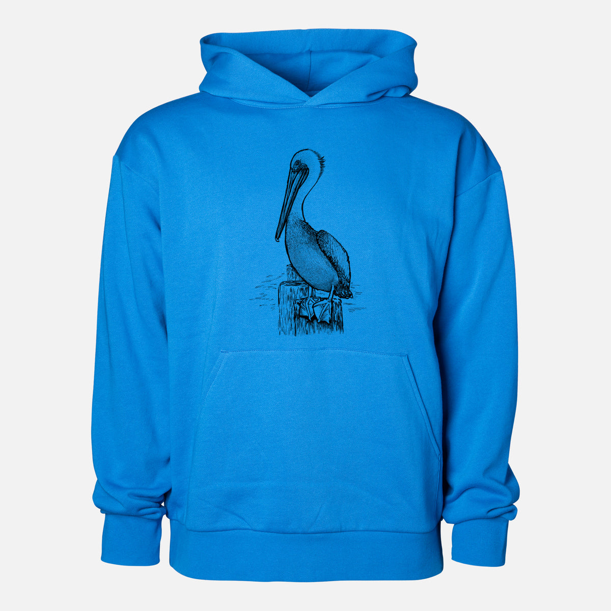 Pelecanus occidentalis - Brown Pelican - Statement Midweight Hoodie in Azure Blue, shown from the front with the design printed on the chest above a front kangaroo pocket.
