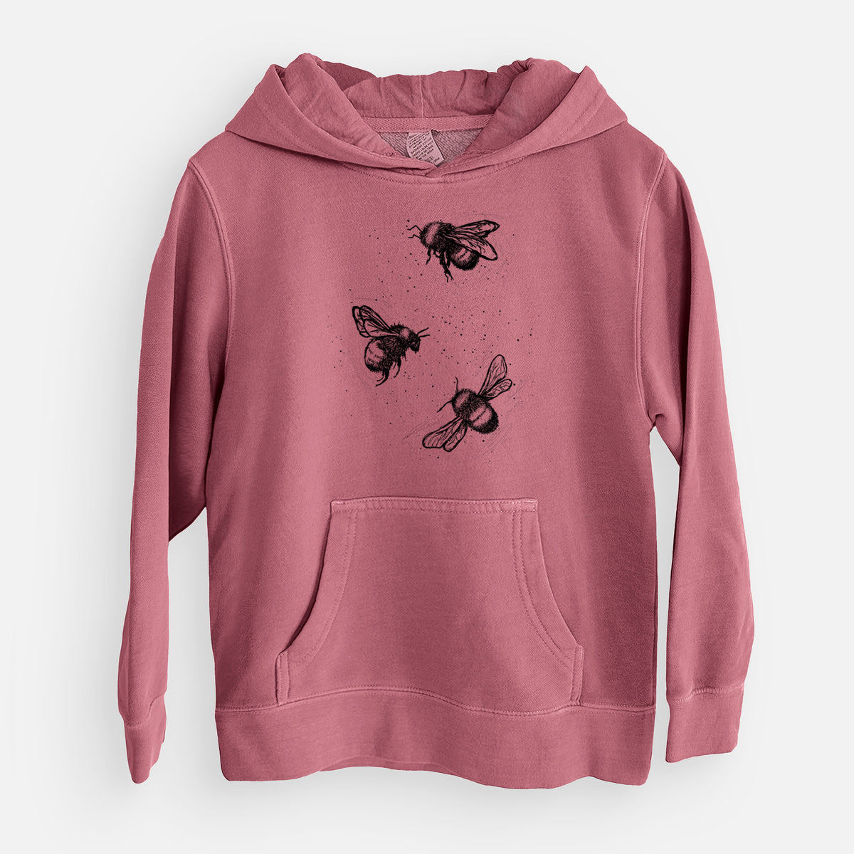 Maroon youth pigment dyed hoodie laid flat, printed with a black ink illustration of three bumble bees flying.