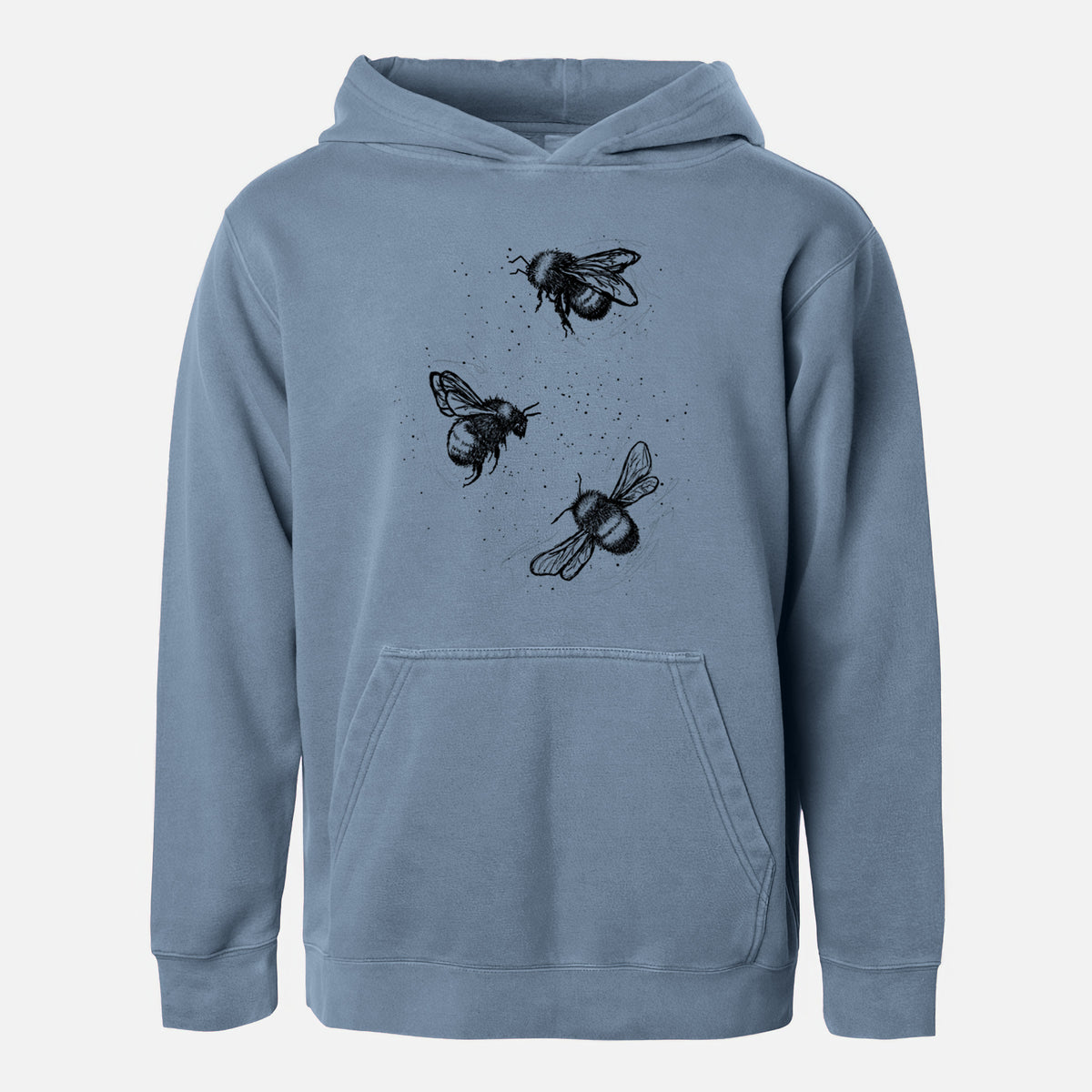 Slate blue youth pigment dyed hoodie laid flat, printed with a black ink illustration of three bumble bees flying.