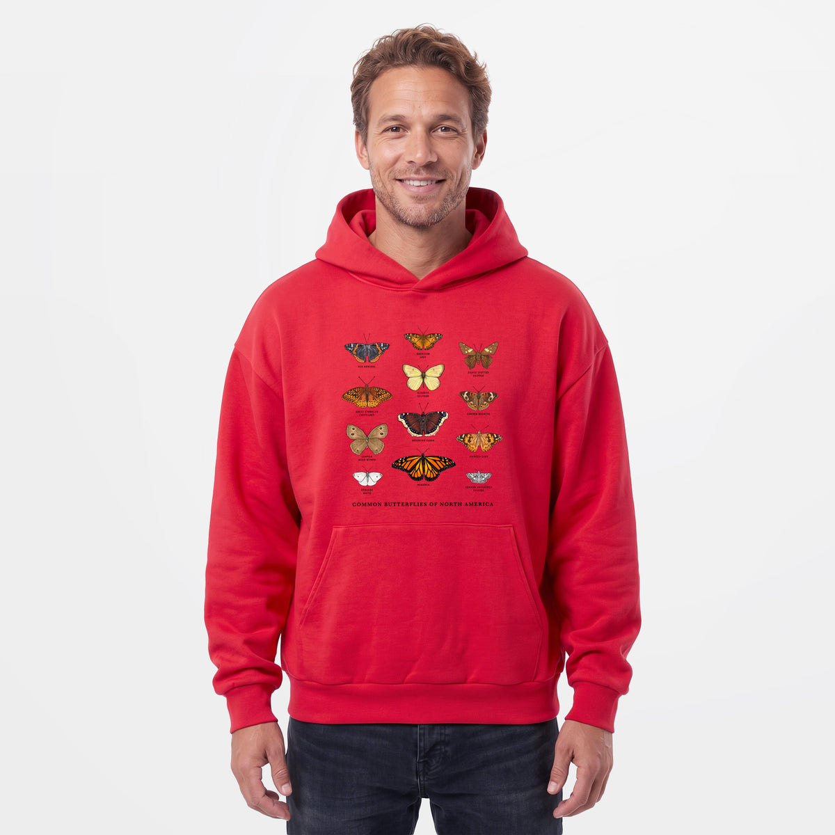 Male model wearing the Common Butterflies of North America - Statement Midweight Hoodie.