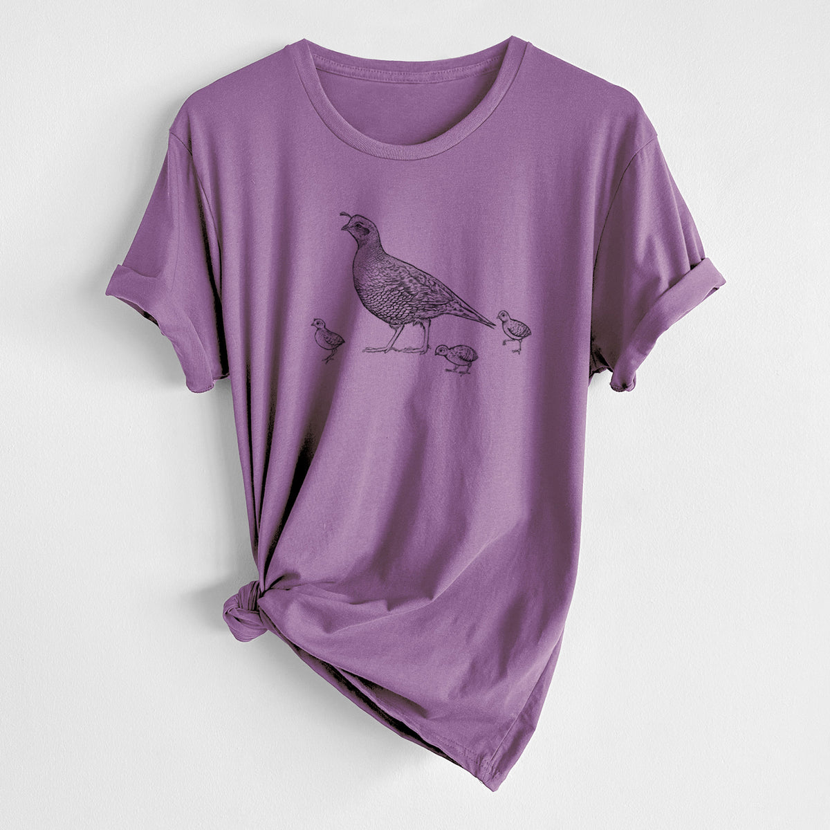 CLOSEOUT - California Quail with Babies - Callipepla californica - Unisex Crewneck - Made in USA - 100% Organic Cotton