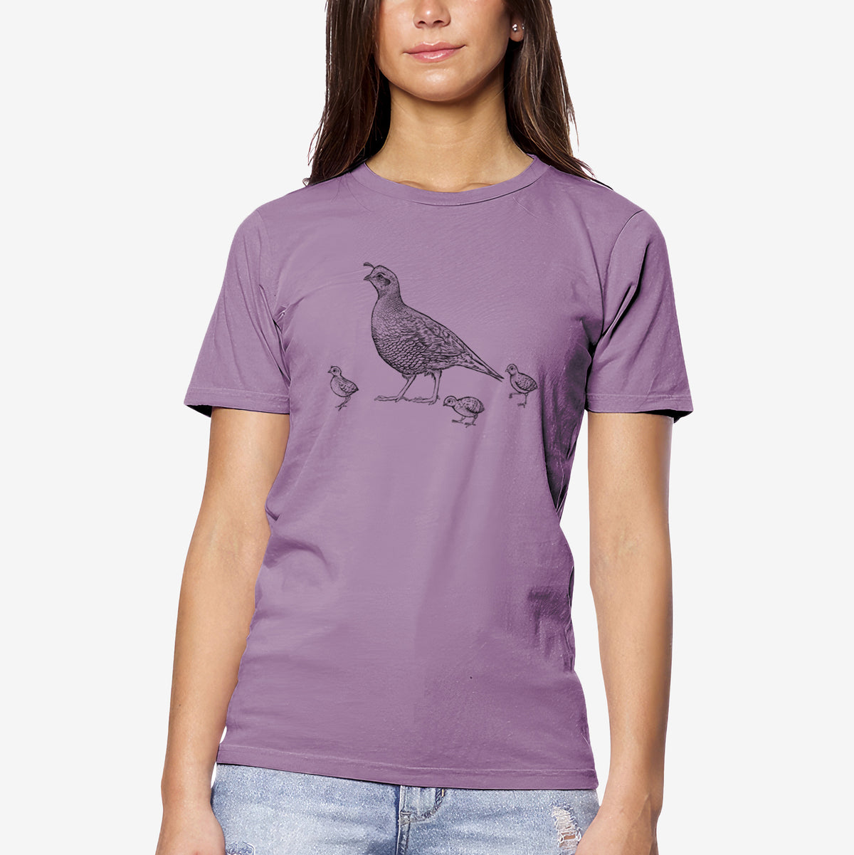 CLOSEOUT - California Quail with Babies - Callipepla californica - Unisex Crewneck - Made in USA - 100% Organic Cotton