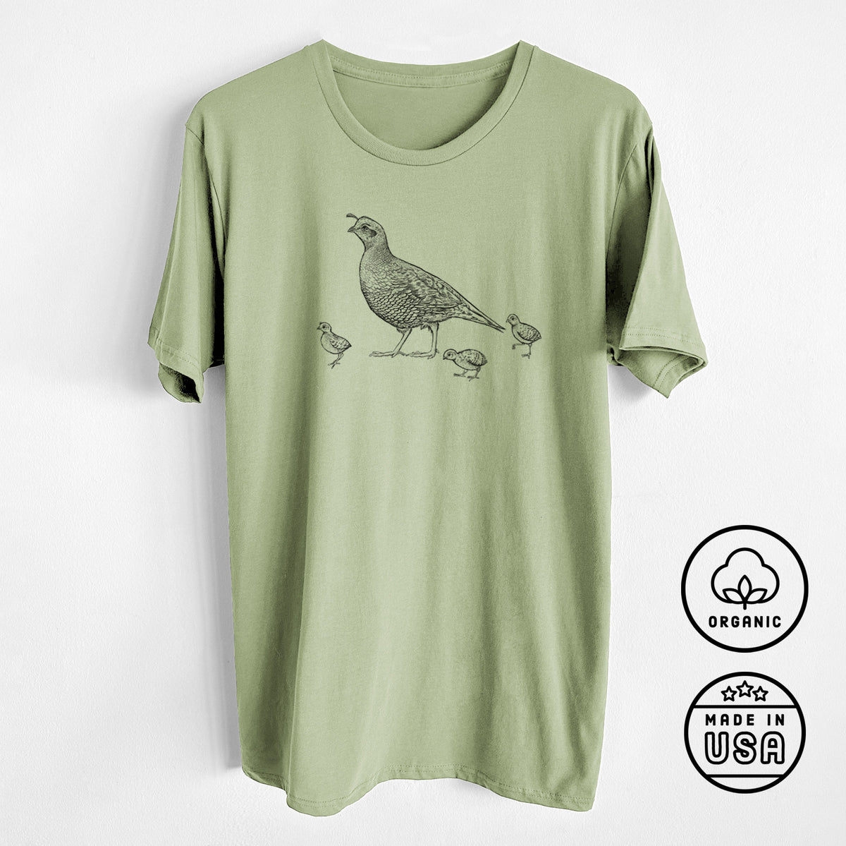 CLOSEOUT - California Quail with Babies - Callipepla californica - Unisex Crewneck - Made in USA - 100% Organic Cotton