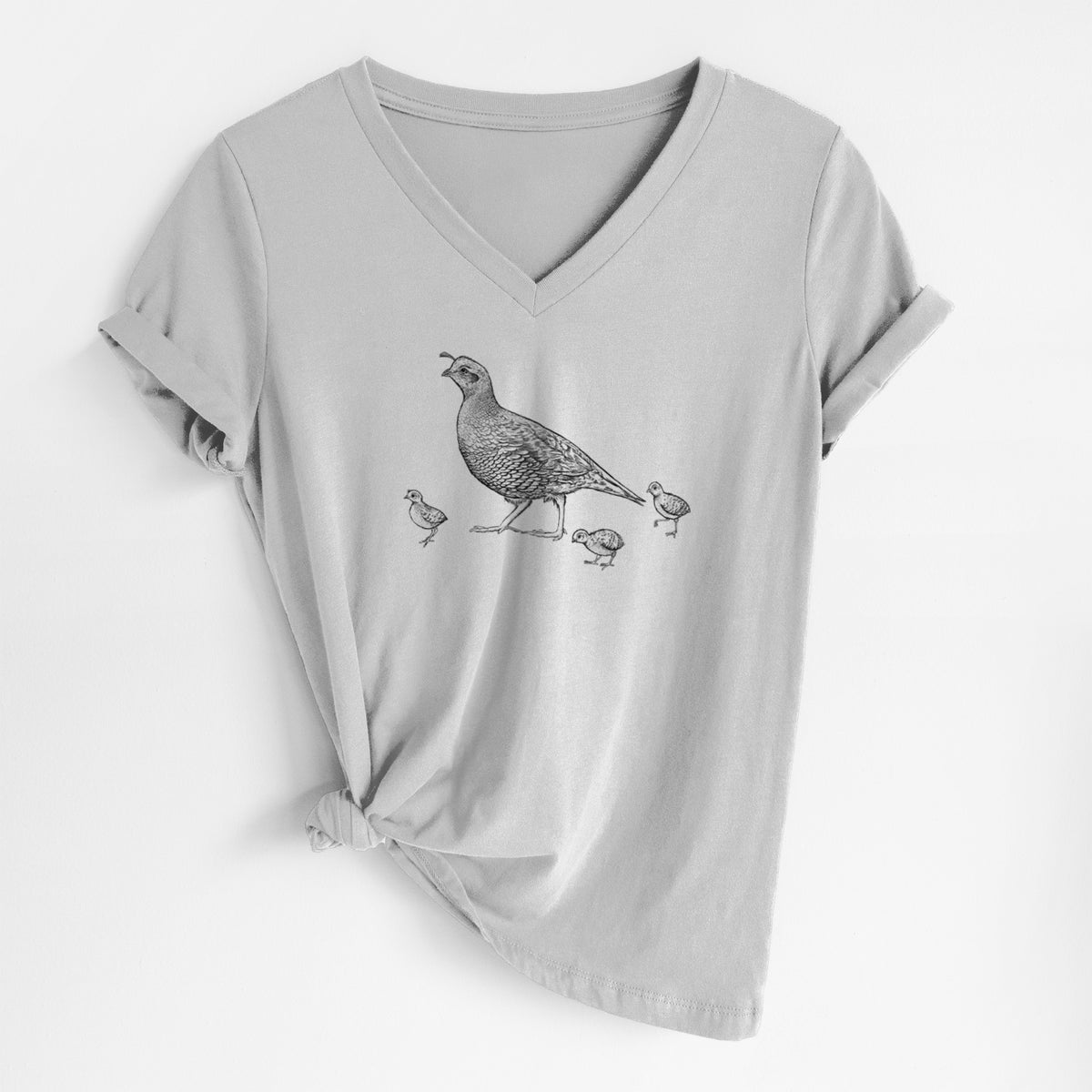 California Quail with Babies - Callipepla californica - Women&#39;s Lightweight Relaxed Fit 100% Cotton V-neck
