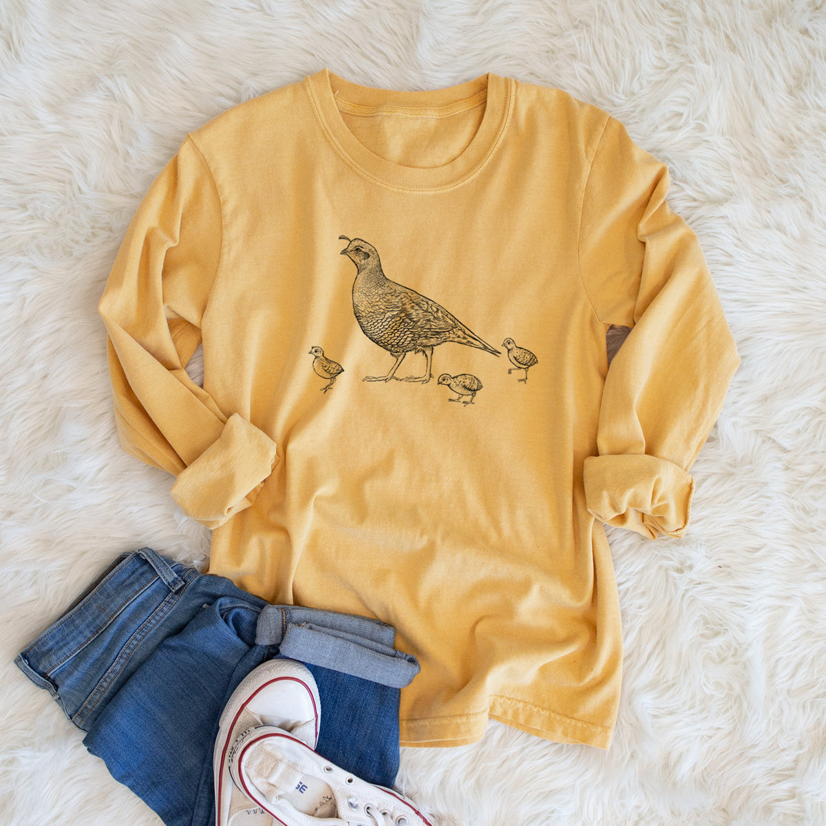 California Quail with Babies - Callipepla californica - Men&#39;s Heavyweight 100% Cotton Long Sleeve