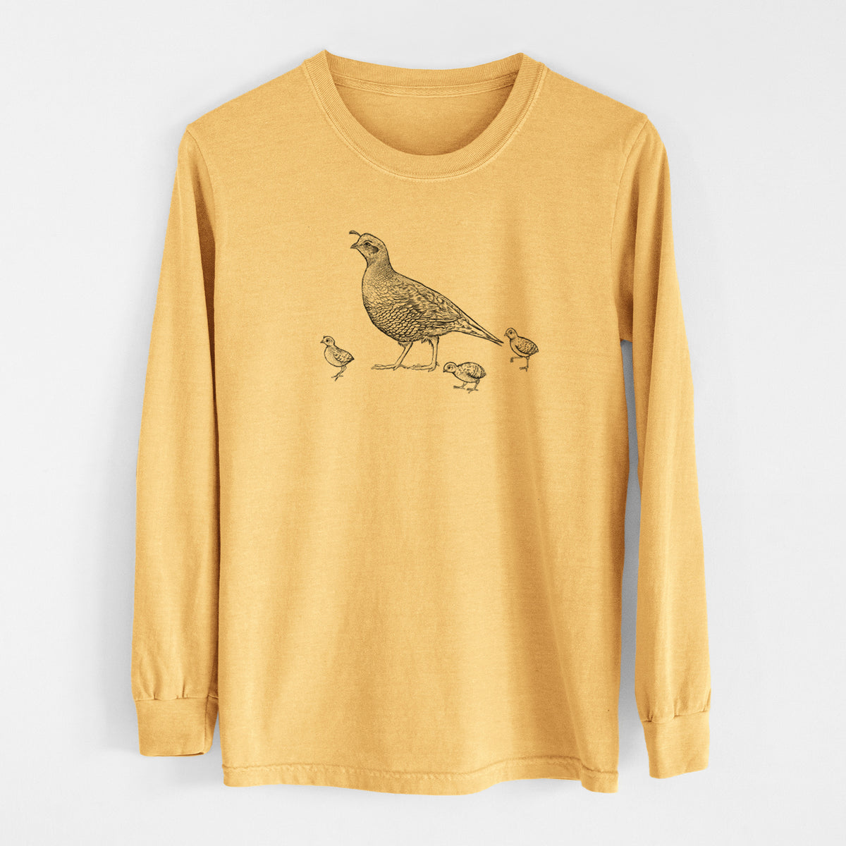 California Quail with Babies - Callipepla californica - Men&#39;s Heavyweight 100% Cotton Long Sleeve