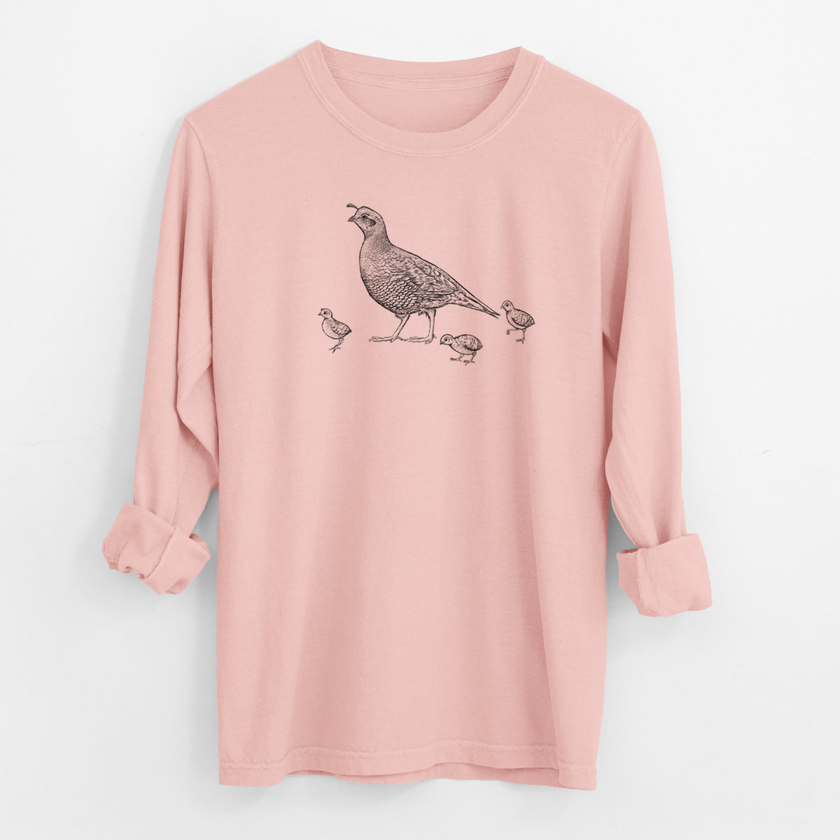 California Quail with Babies - Callipepla californica - Men&#39;s Heavyweight 100% Cotton Long Sleeve