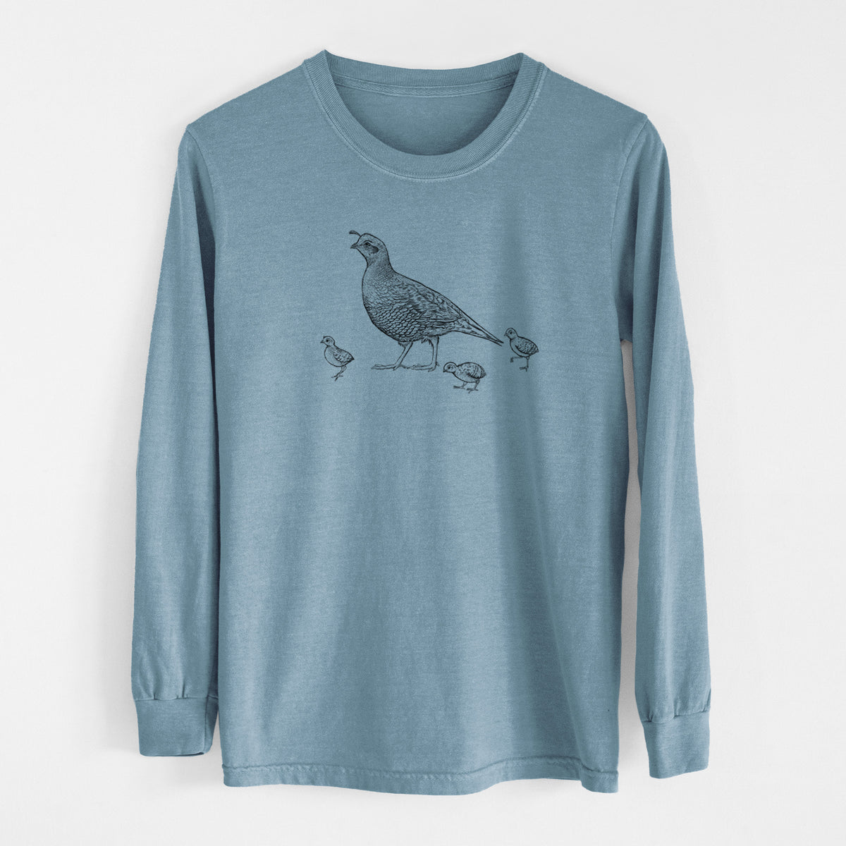 California Quail with Babies - Callipepla californica - Men&#39;s Heavyweight 100% Cotton Long Sleeve