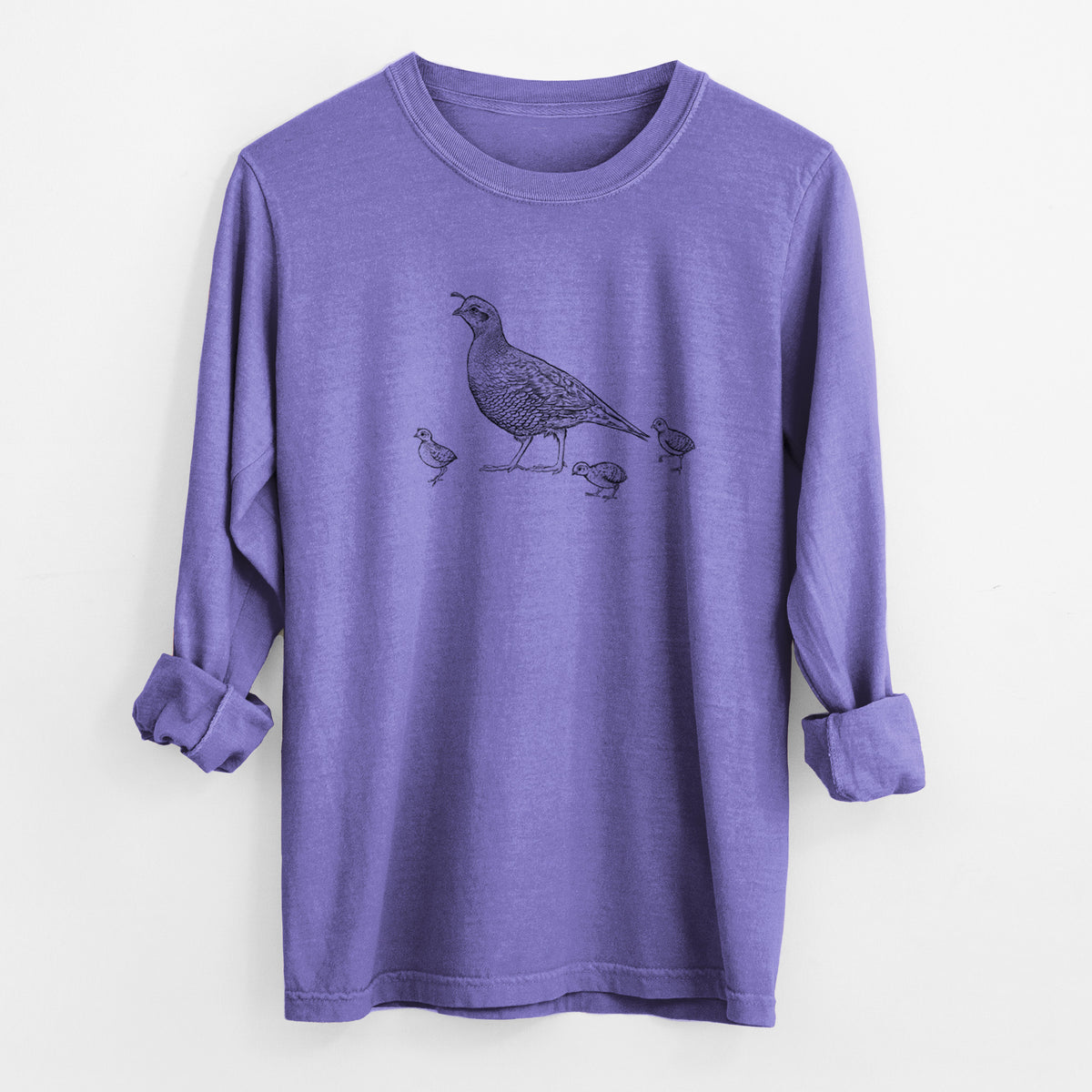 California Quail with Babies - Callipepla californica - Unisex Comfort Colors 100% Cotton Long Sleeve