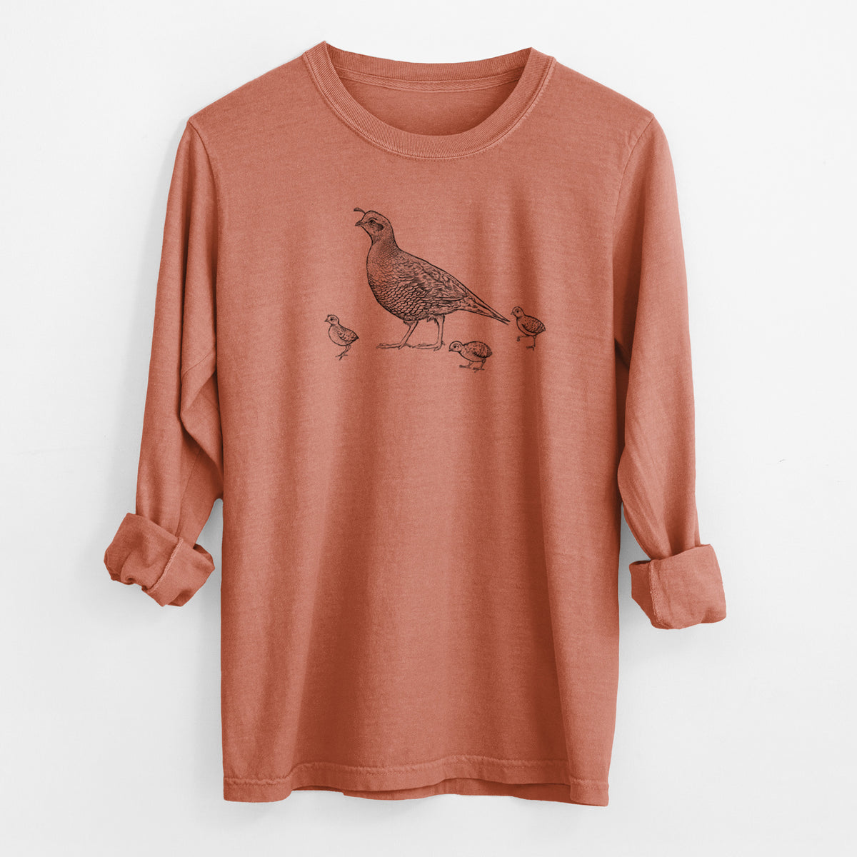 California Quail with Babies - Callipepla californica - Men&#39;s Heavyweight 100% Cotton Long Sleeve