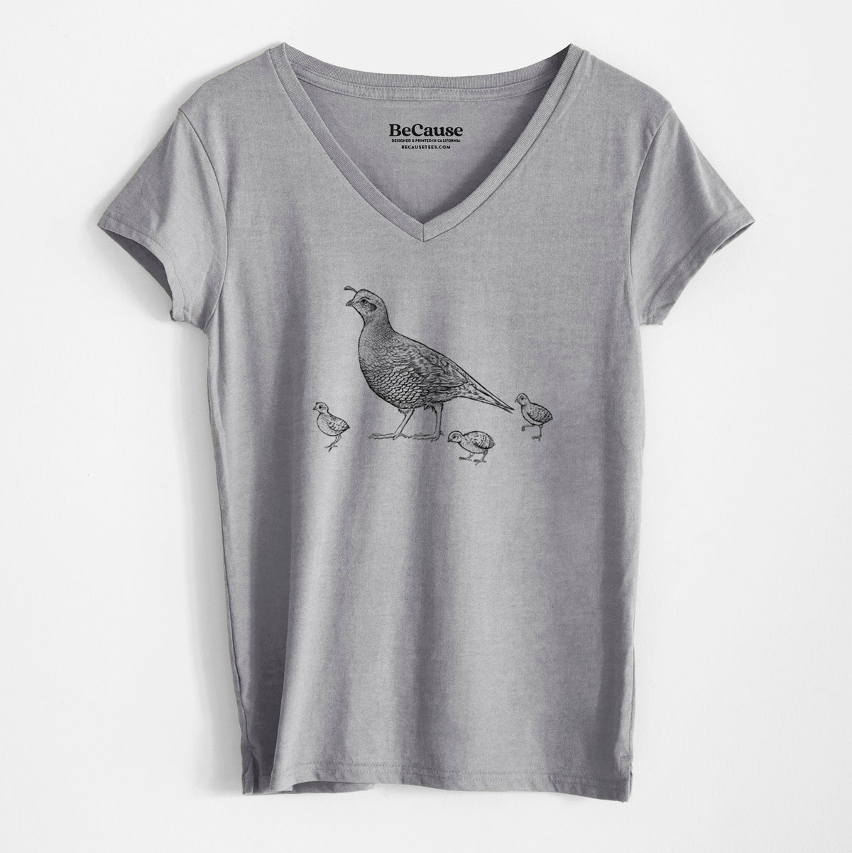 California Quail with Babies - Callipepla californica - Women&#39;s 100% Recycled V-neck