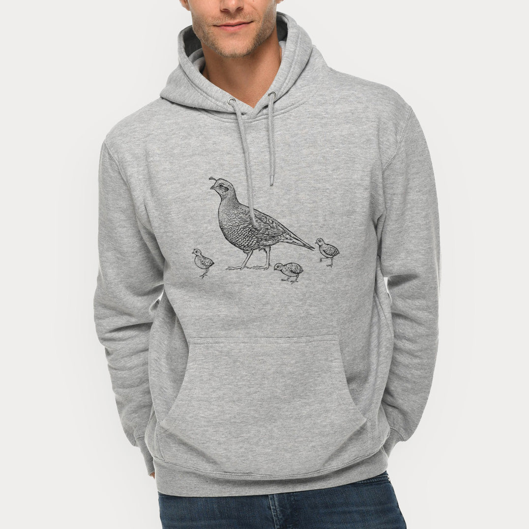 California Quail with Babies - Callipepla californica  - Mid-Weight Unisex Premium Blend Hoodie