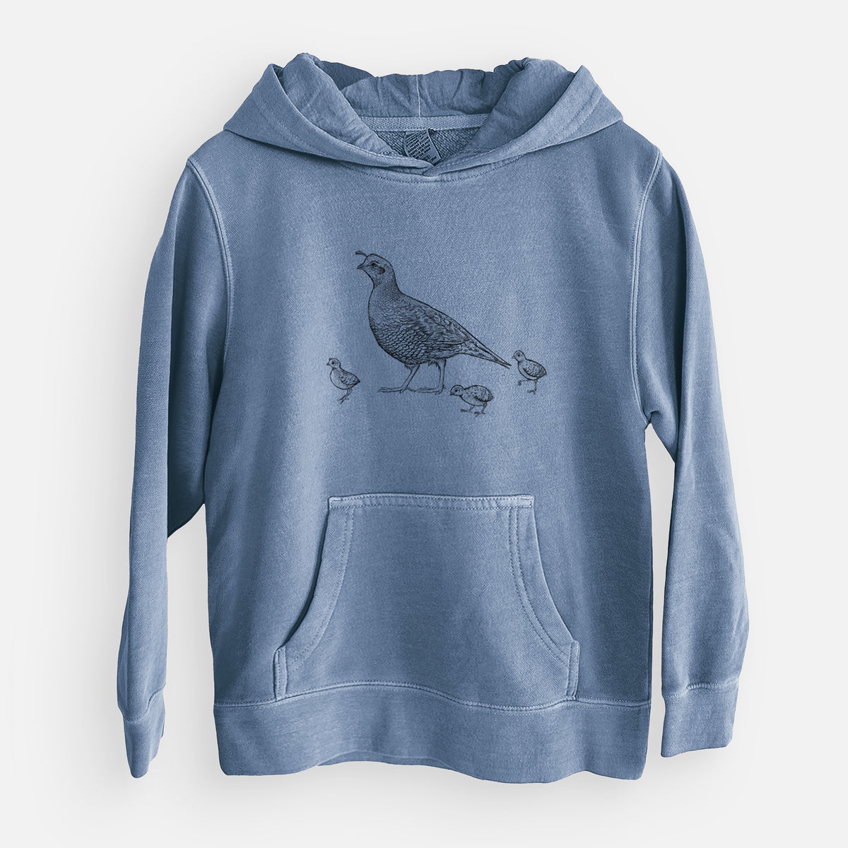 California Quail with Babies - Callipepla californica - Youth Pigment Dyed Hoodie