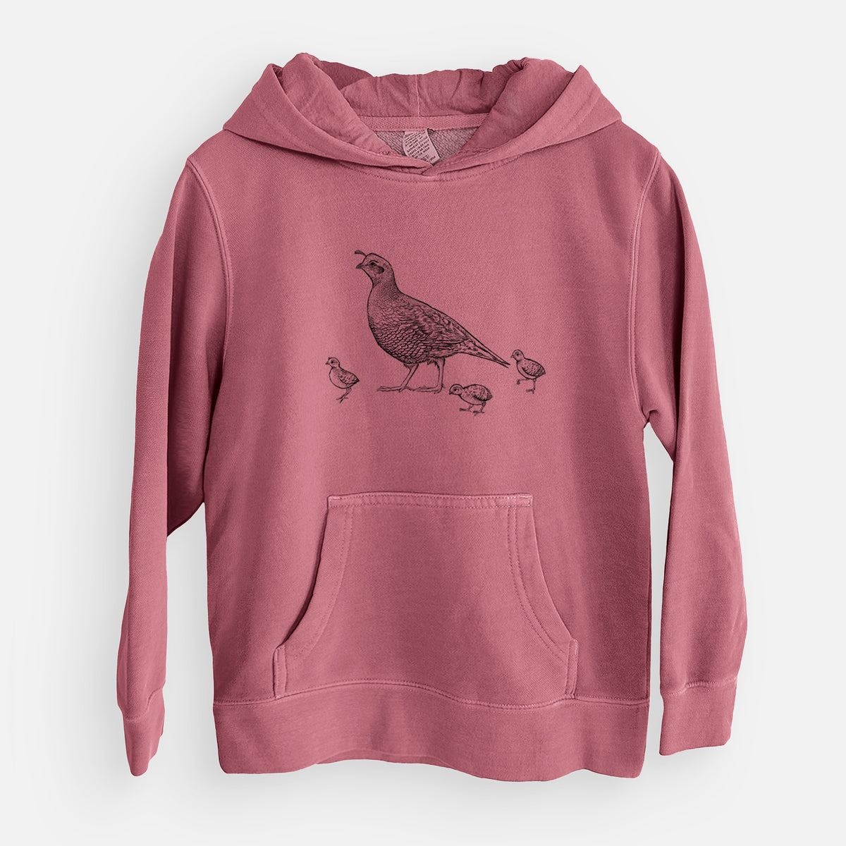 California Quail with Babies - Callipepla californica - Youth Pigment Dyed Hoodie