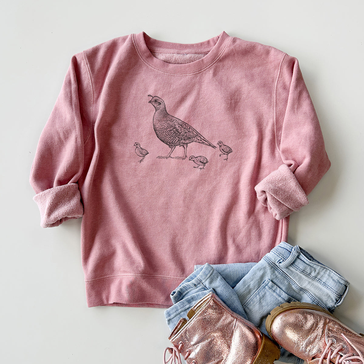 California Quail with Babies - Callipepla californica - Youth Lightweight Crewneck Sweatshirt