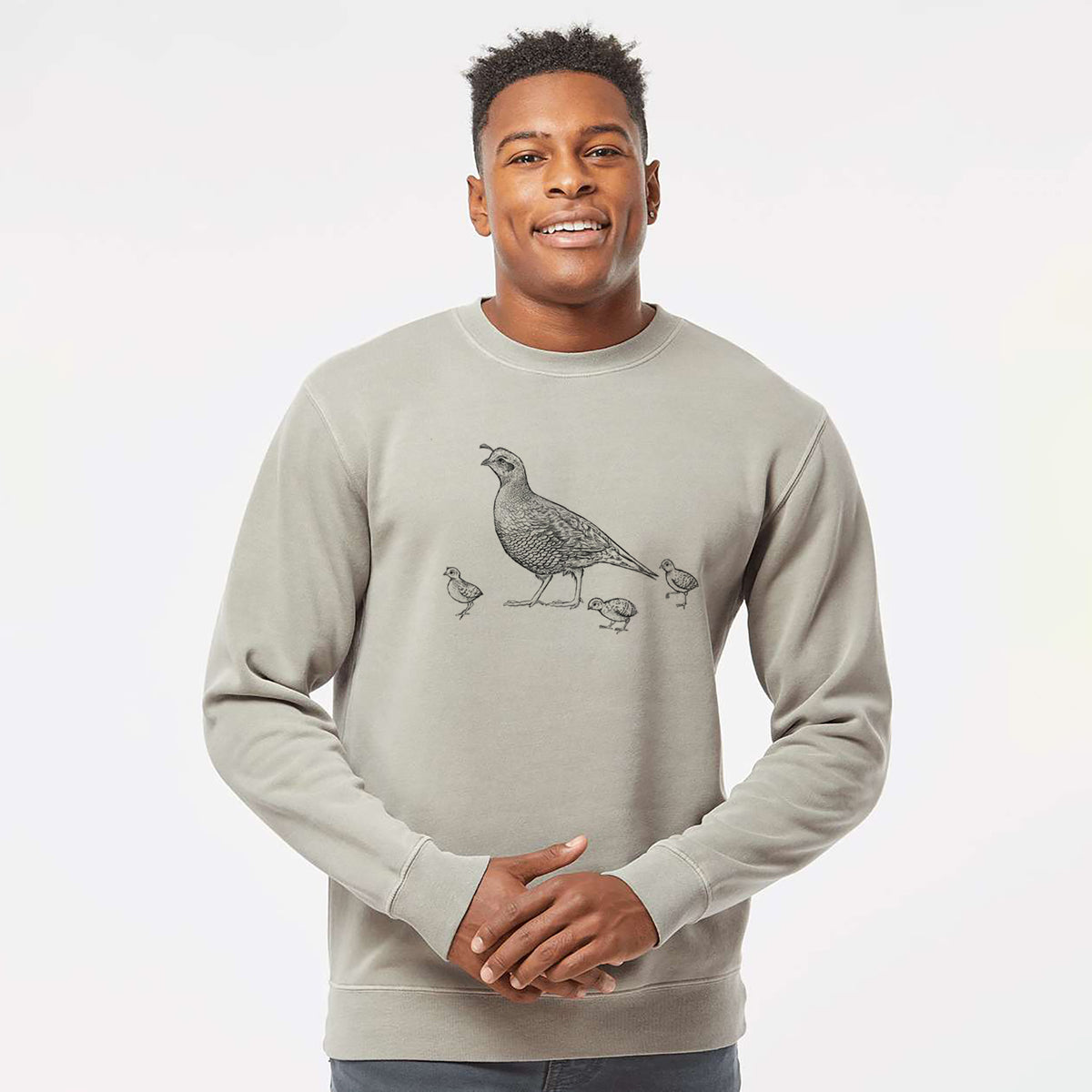 California Quail with Babies - Callipepla californica - Unisex Pigment Dyed Crew Sweatshirt