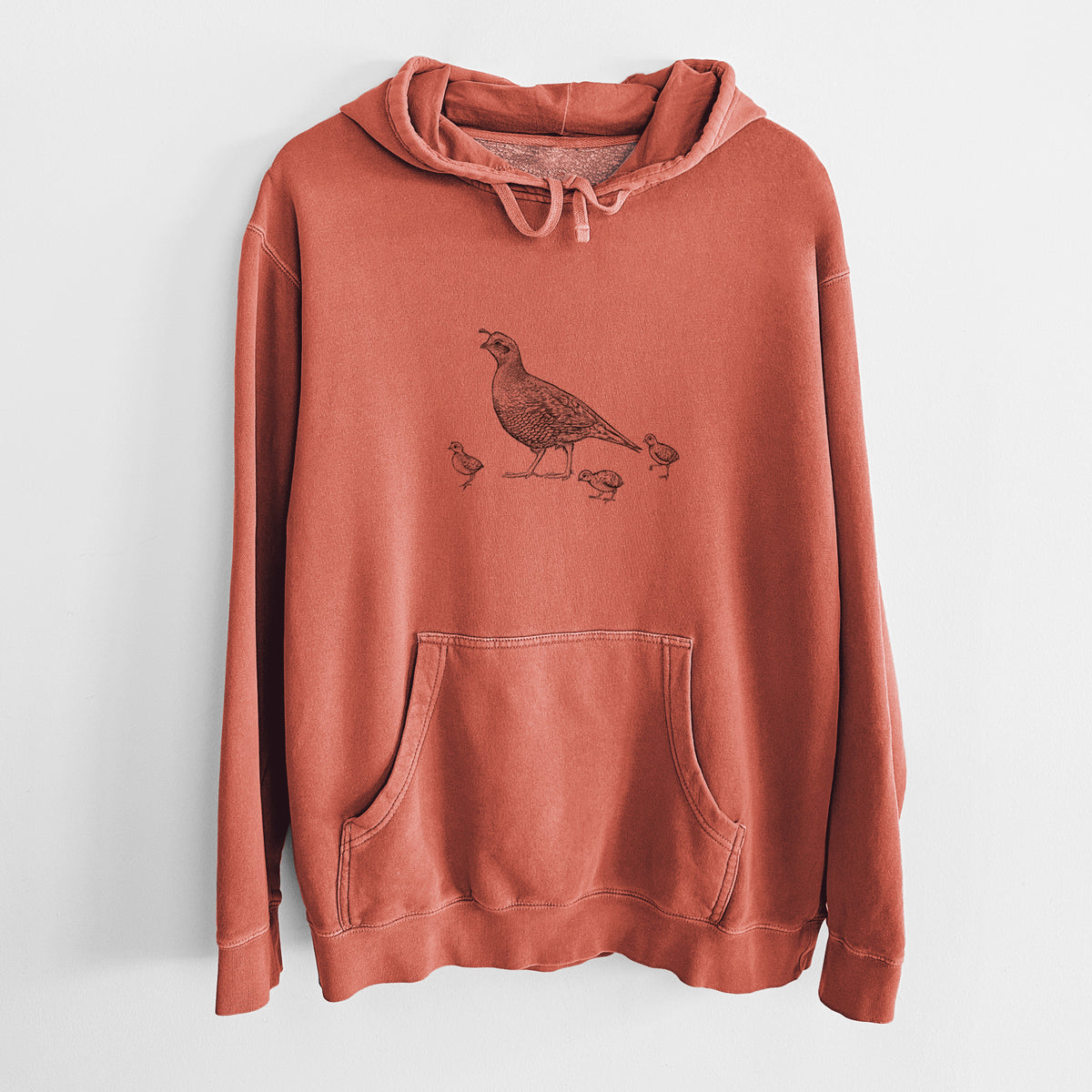 California Quail with Babies - Callipepla californica - Unisex Pigment Dyed Hoodie