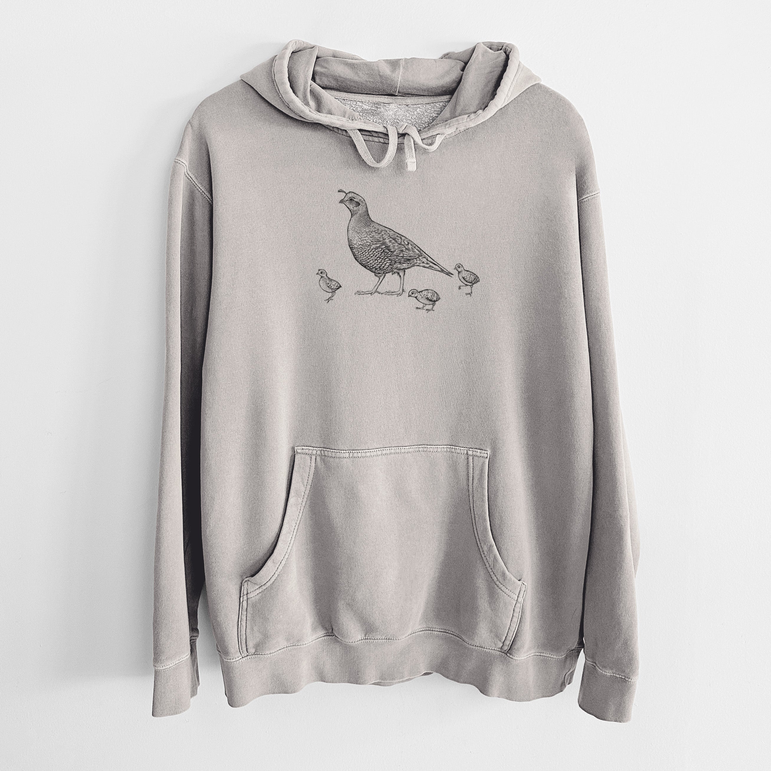 California Quail with Babies - Callipepla californica - Unisex Pigment Dyed Hoodie