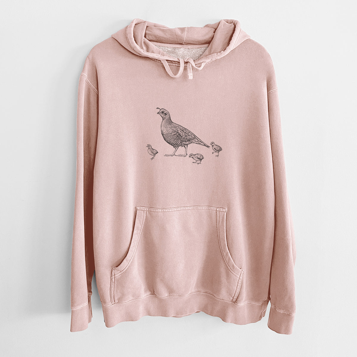 California Quail with Babies - Callipepla californica - Unisex Pigment Dyed Hoodie