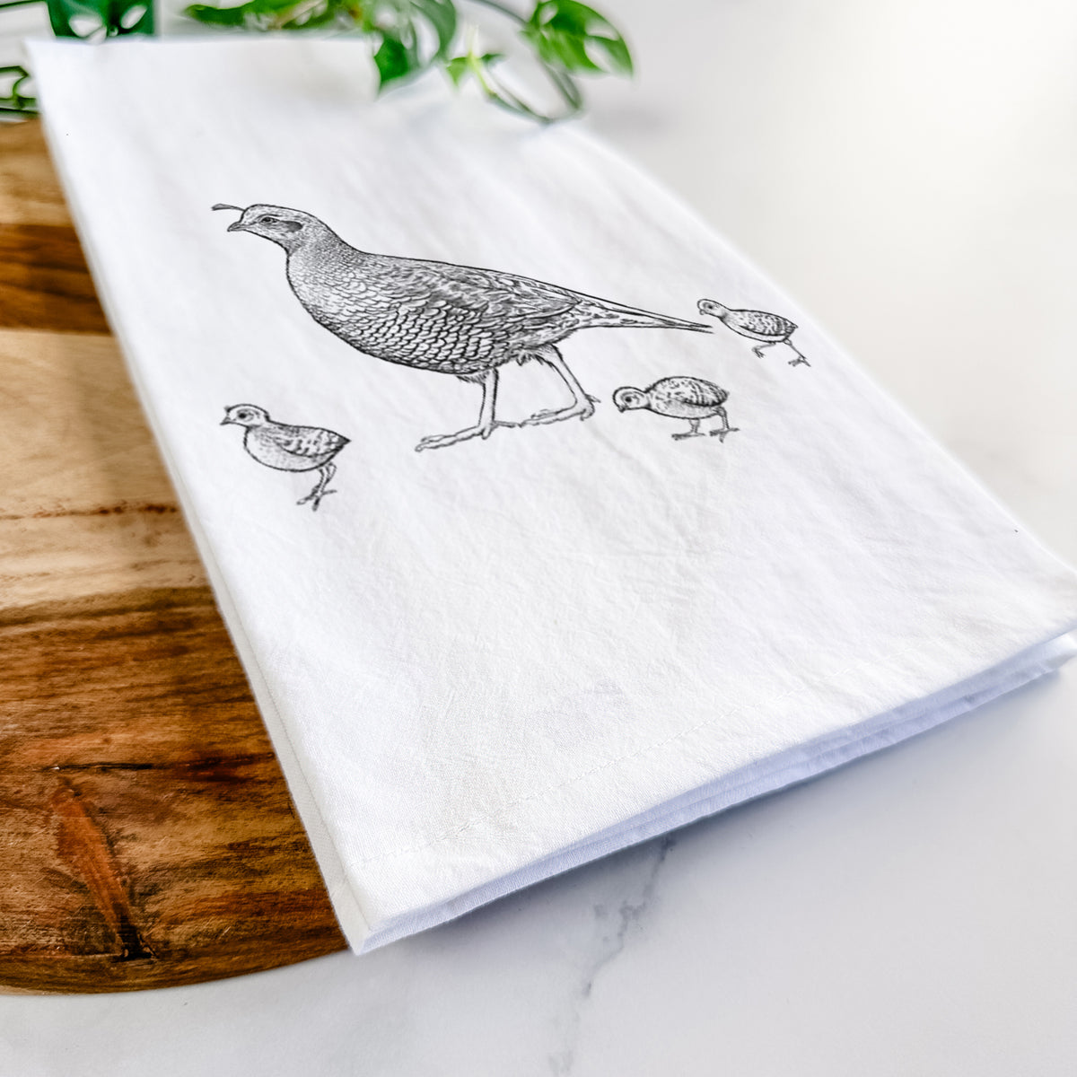 California Quail with Babies - Callipepla californica Tea Towel