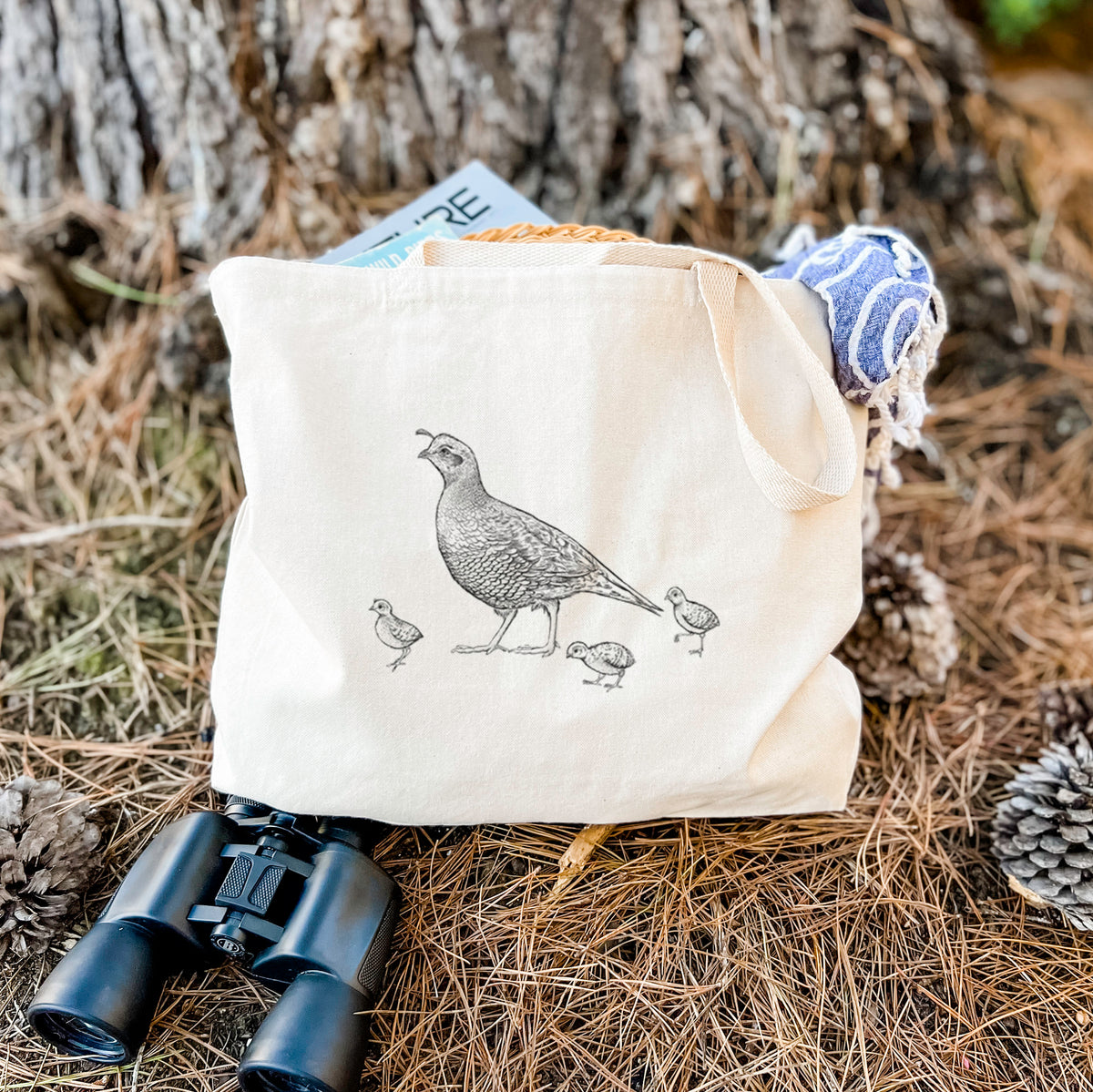 California Quail with Babies - Callipepla californica - Tote Bag