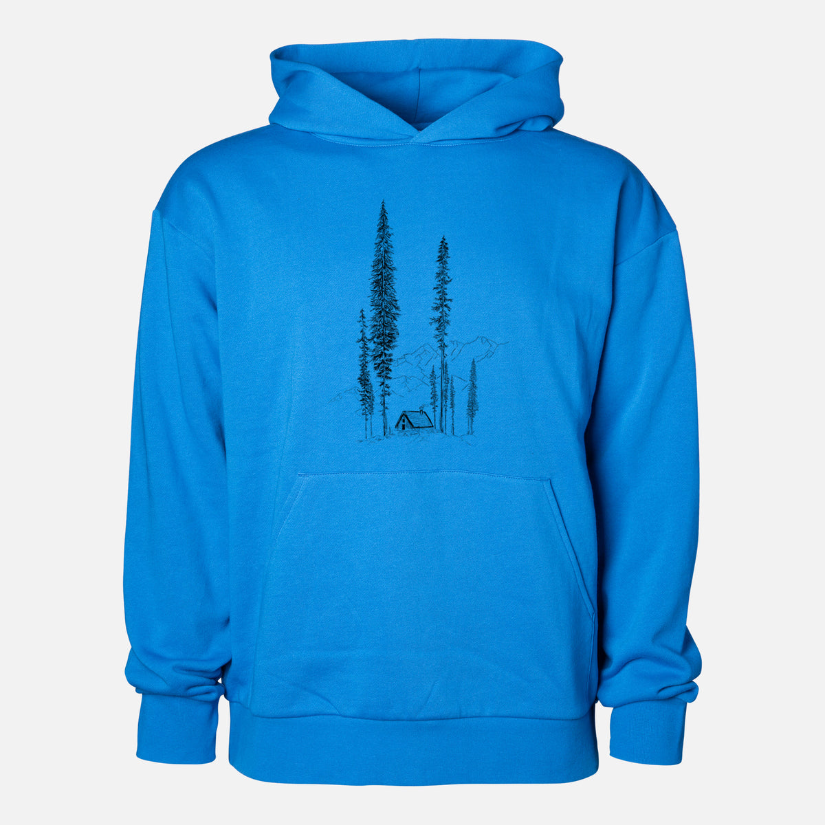 Mountain Pine Cabin Retreat - Statement Midweight Hoodie in Azure Blue, shown from the front with the design printed on the chest above a front kangaroo pocket.