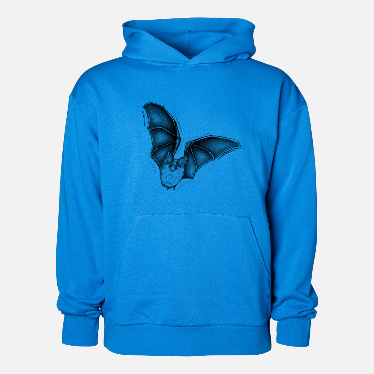 Macrotus californicus - California Leaf-nosed Bat - Statement Midweight Hoodie in Azure Blue, shown from the front with the design printed on the chest above a front kangaroo pocket.