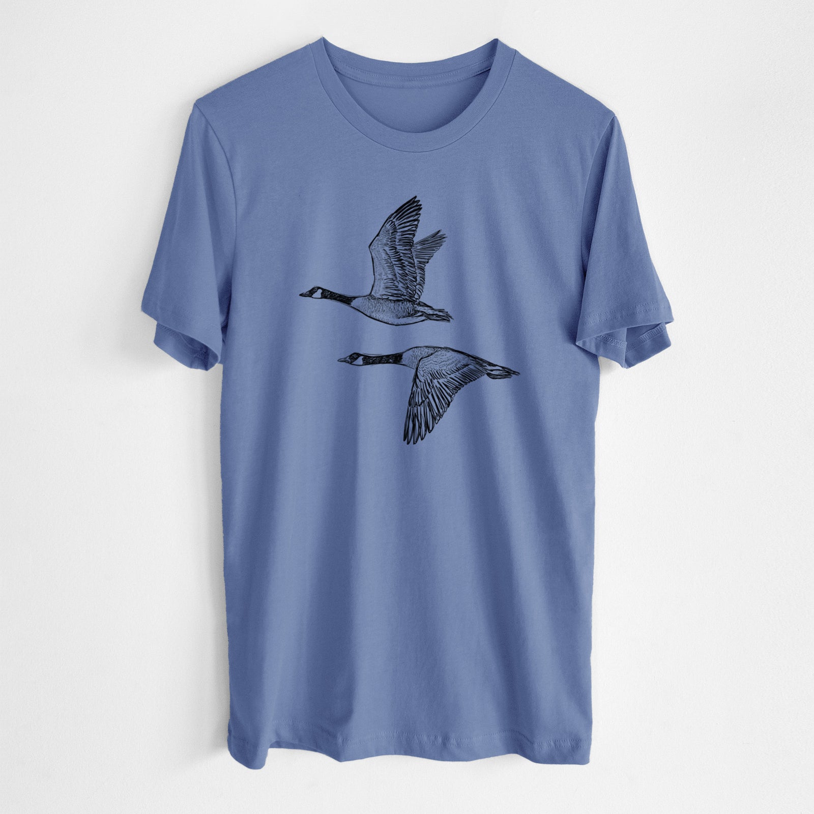 Canada Geese in Flight - Branta canadensis - Lightweight 100% Cotton Unisex Crewneck in Blue Bell, worn by model