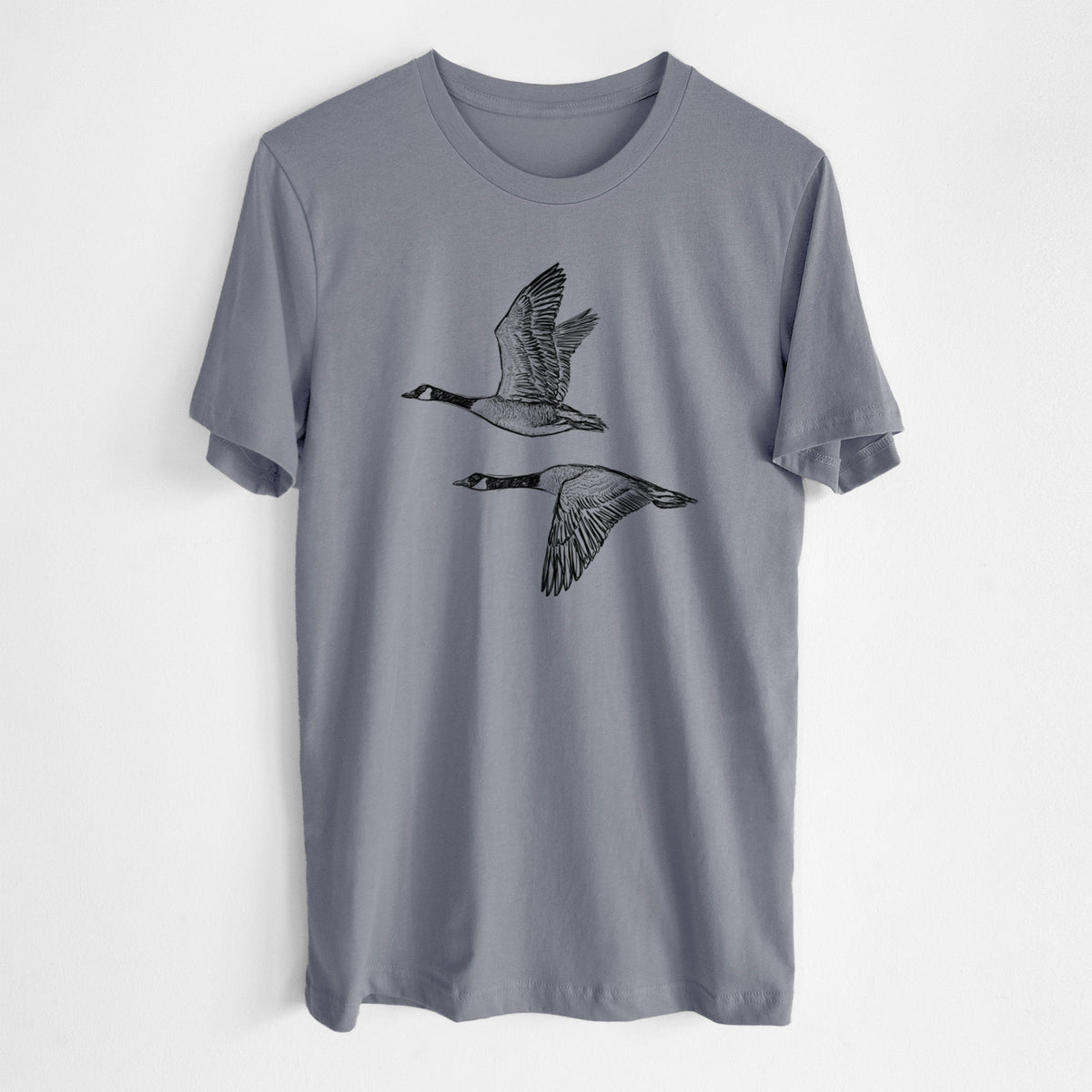 Canada Geese in Flight - Branta canadensis - Lightweight 100% Cotton Unisex Crewneck in Storm Grey, worn by model