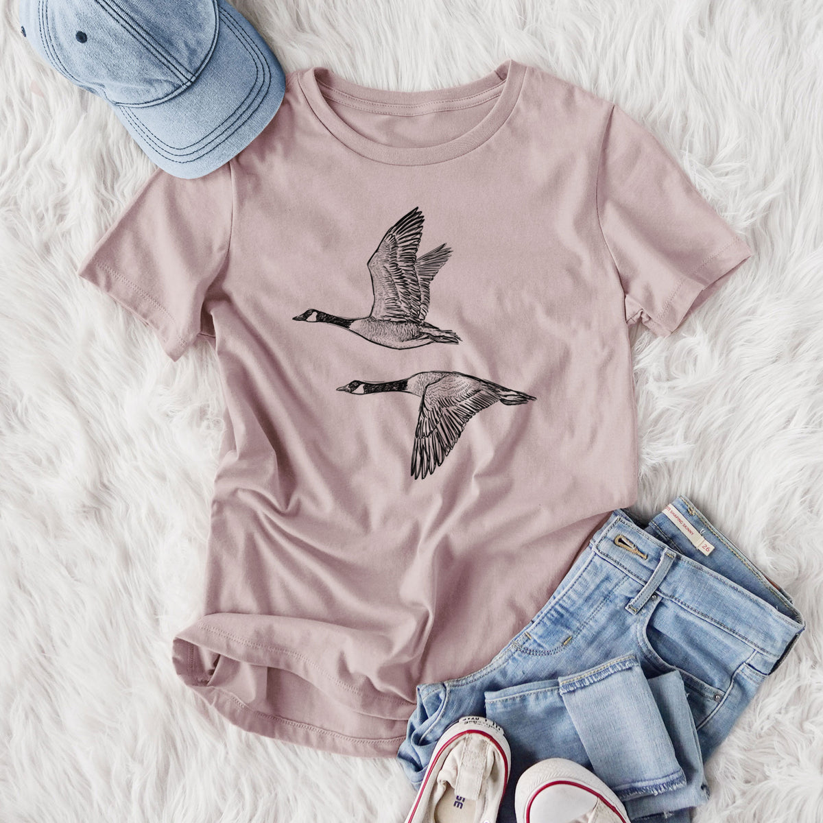 Canada Geese in Flight - Branta canadensis - Women's Lightweight Relaxed Fit 100% Cotton Crewneck, flat lay