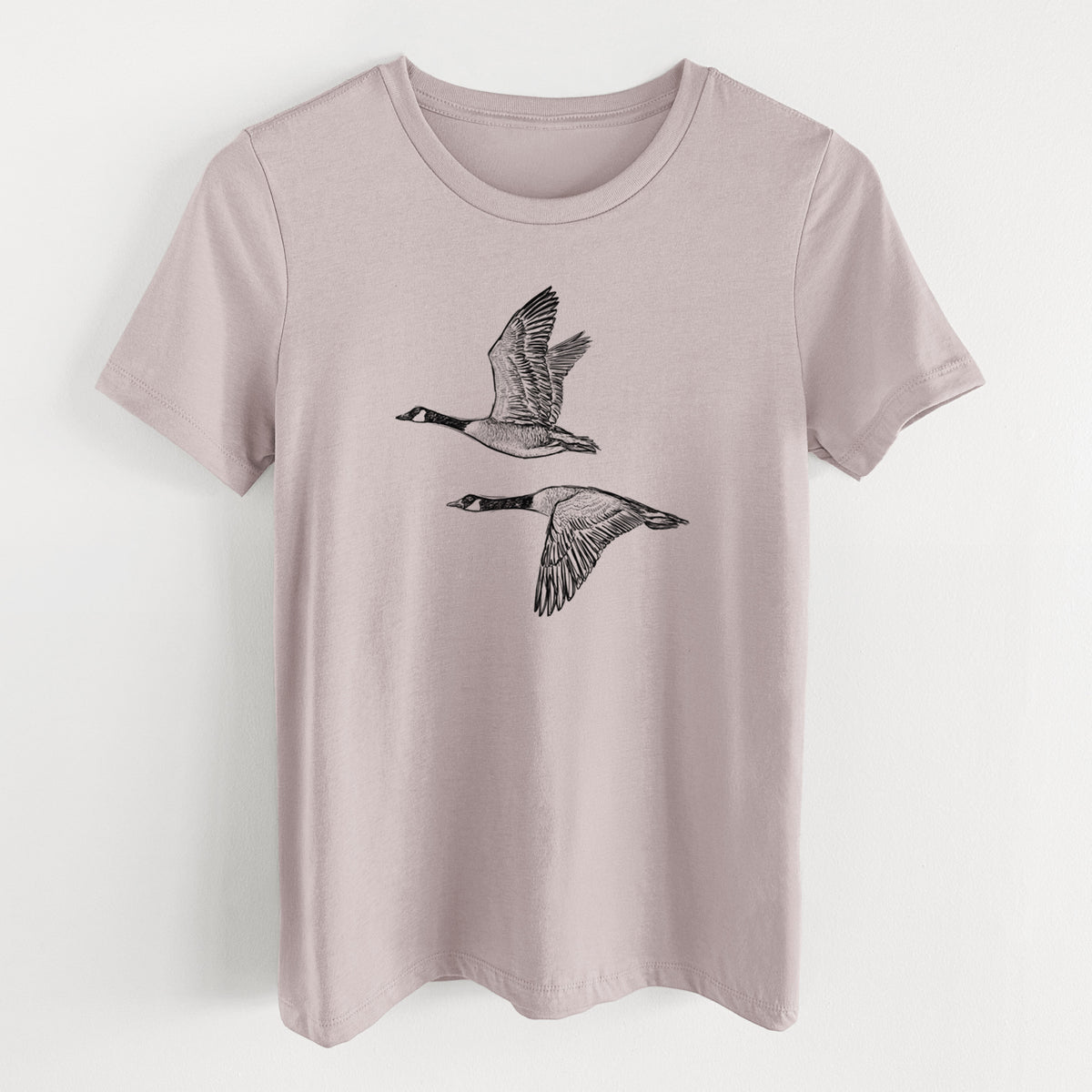 Canada Geese in Flight - Branta canadensis - Women's Lightweight Relaxed Fit 100% Cotton Crewneck in Pink Gravel, on a hanger