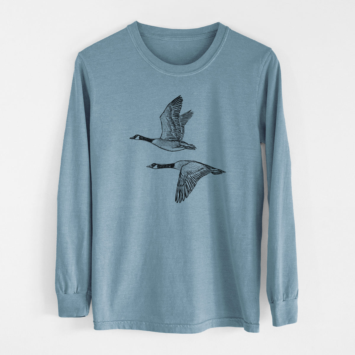 Canada Geese in Flight - Branta canadensis - Unisex Comfort Colors 100% Cotton Long Sleeve in Steel Blue