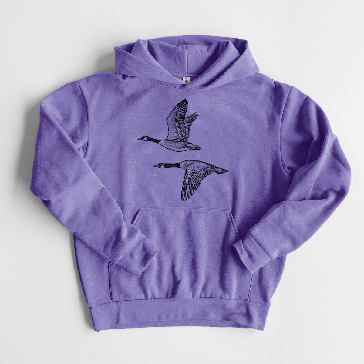 Canada Geese in Flight - Branta canadensis - Statement Midweight Hoodie in Violet, laid flat, showing the oversized boxy fit and front kangaroo pocket.
