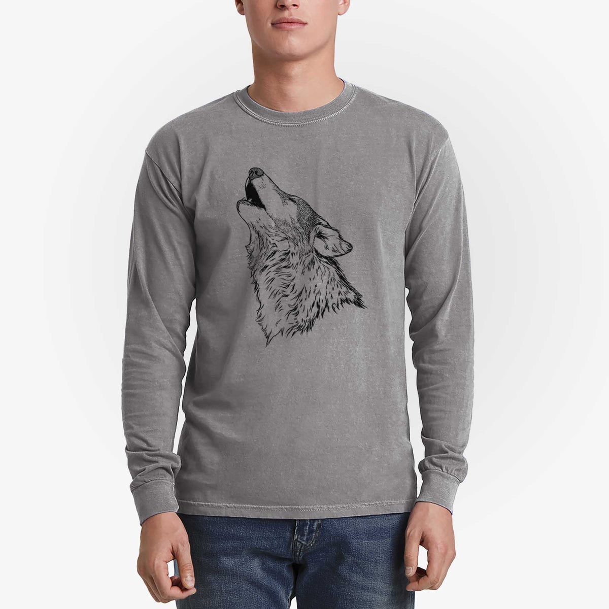 Canis lupus - Grey Wolf Howling - Men&#39;s Heavyweight 100% Cotton Long Sleeve