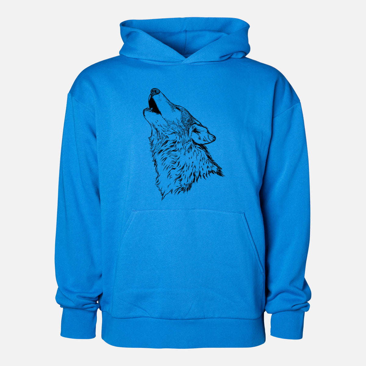 Canis lupus - Grey Wolf Howling - Statement Midweight Hoodie in Azure Blue, shown from the front with the design printed on the chest above a front kangaroo pocket.