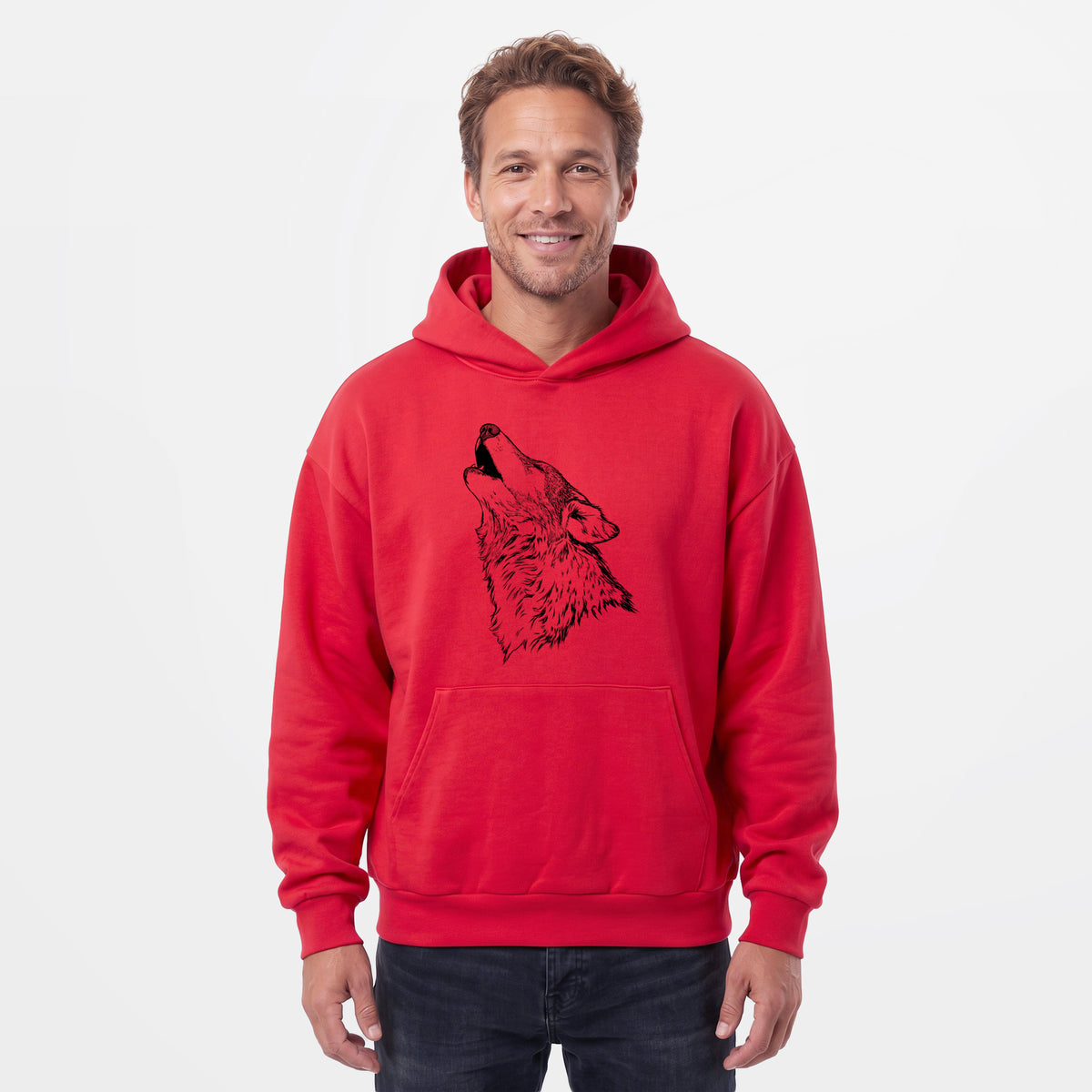 Male model wearing the Canis lupus - Grey Wolf Howling - Statement Midweight Hoodie.