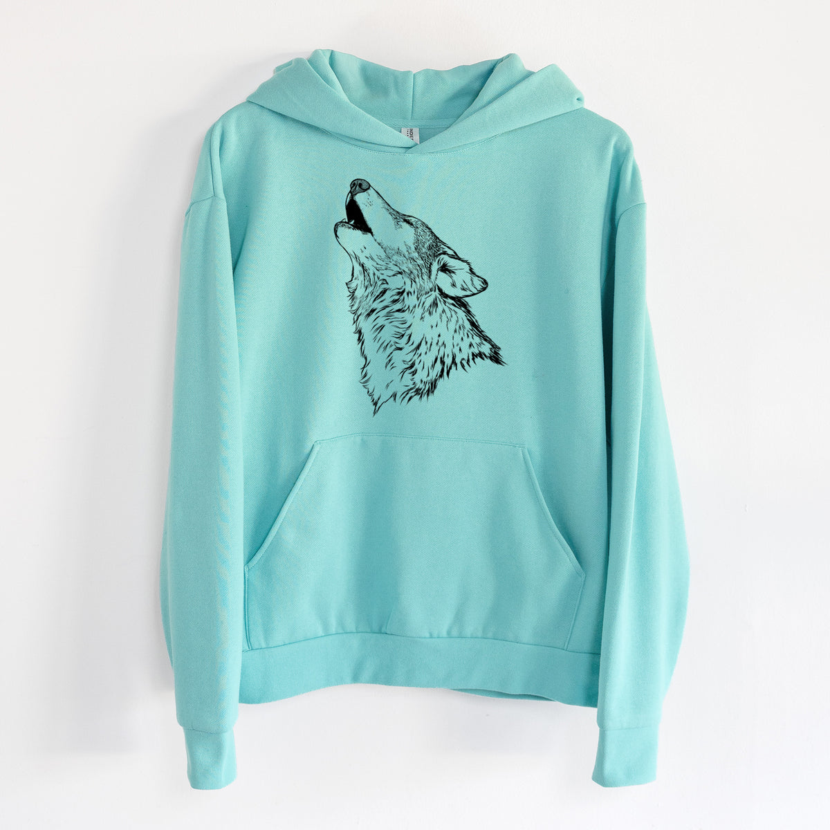 Canis lupus - Grey Wolf Howling - Statement Midweight Hoodie in Seafoam, hanging on a white wall, with a front kangaroo pocket and no drawcords.