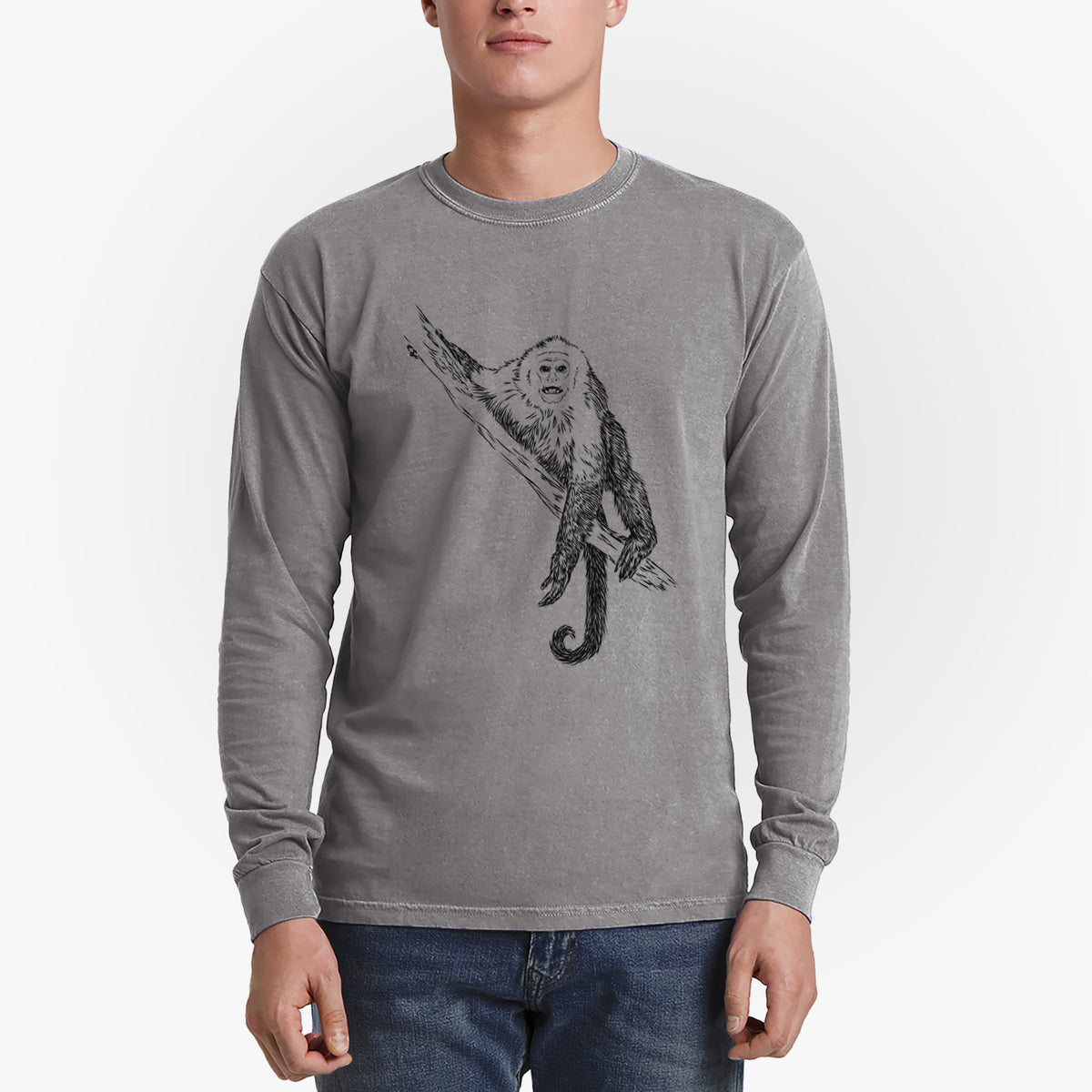 Capuchin Monkey - Cebus imitator - Men&#39;s Heavyweight 100% Cotton Long Sleeve