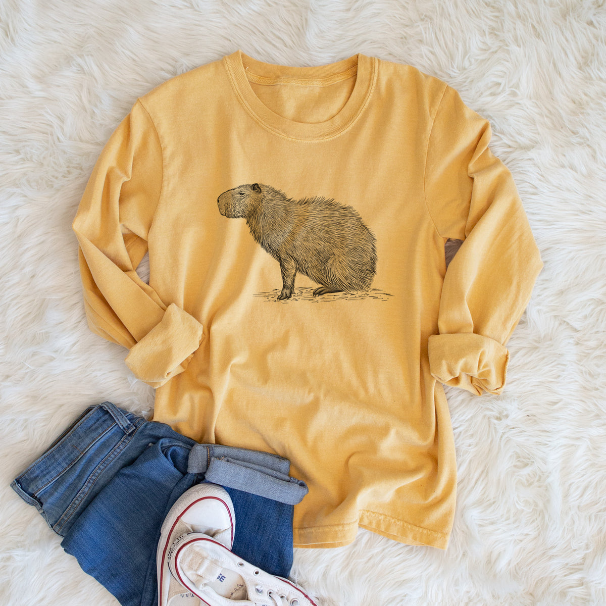 Capybara Profile - Hydrochoerus hydrochaeris - Men&#39;s Heavyweight 100% Cotton Long Sleeve