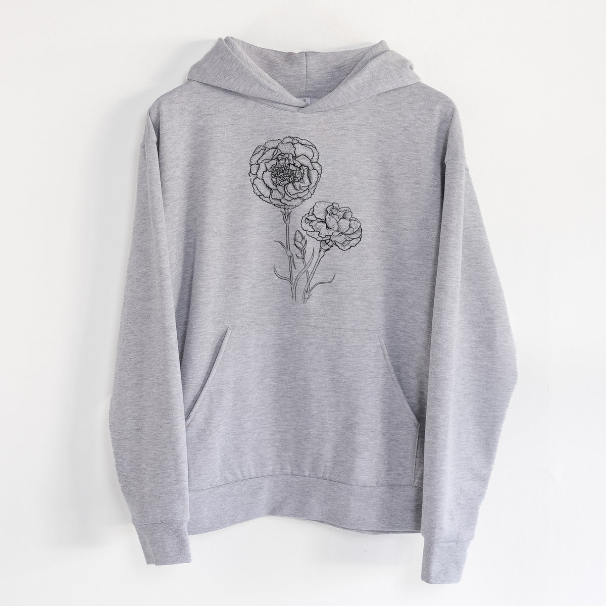 Carnations - Dianthus caryophyllus - Statement Midweight Hoodie in Heather Grey, hanging on a white wall, with a front kangaroo pocket and no drawcords.