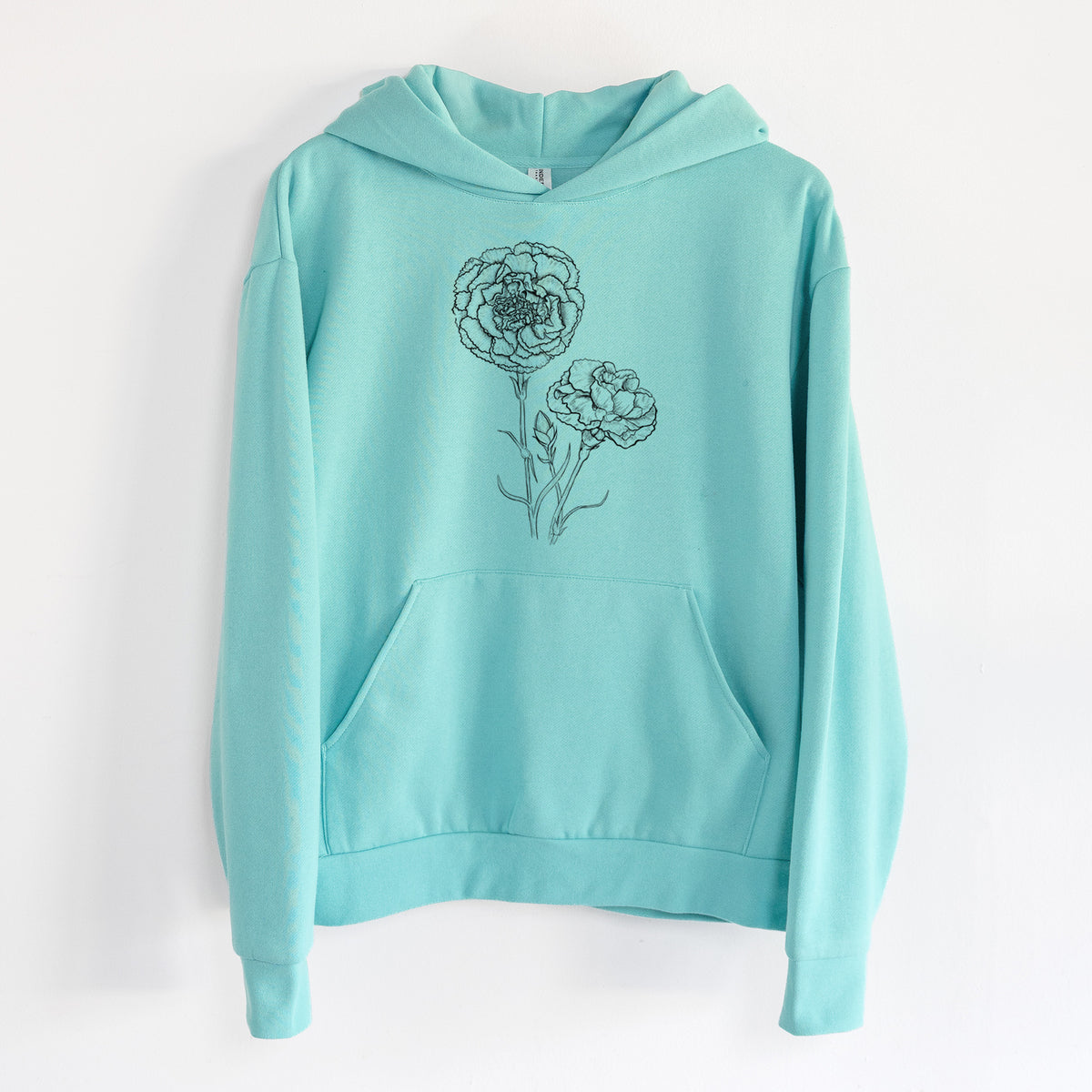 Carnations - Dianthus caryophyllus - Statement Midweight Hoodie in Seafoam, hanging on a white wall, with a front kangaroo pocket and no drawcords.