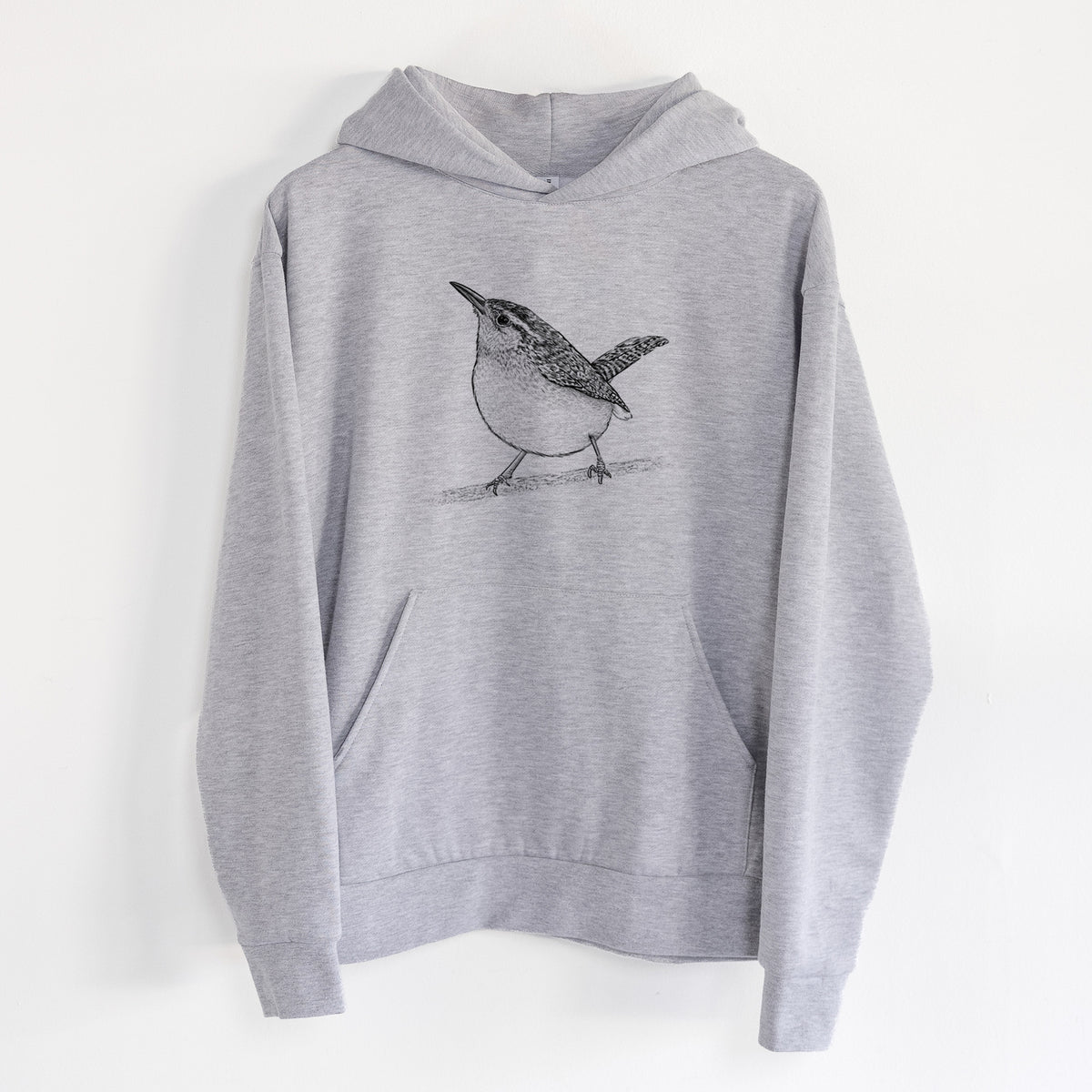 Carolina Wren - Thryothorus ludovicianus - Statement Midweight Hoodie in Heather Grey, hanging on a white wall, with a front kangaroo pocket and no drawcords.