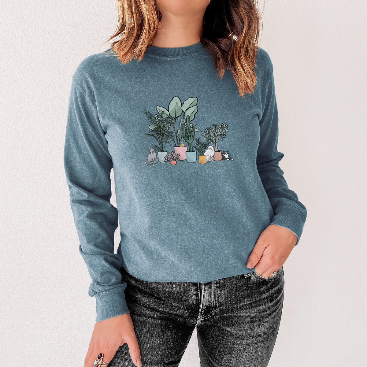 Cats and Plants - Men&#39;s Heavyweight 100% Cotton Long Sleeve