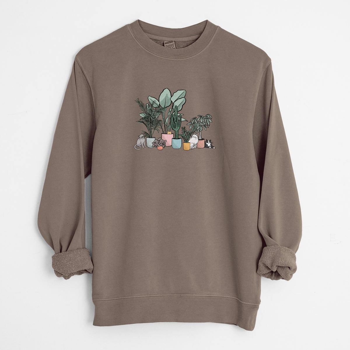 Cats and Plants - Unisex Pigment Dyed Crew Sweatshirt in Espresso