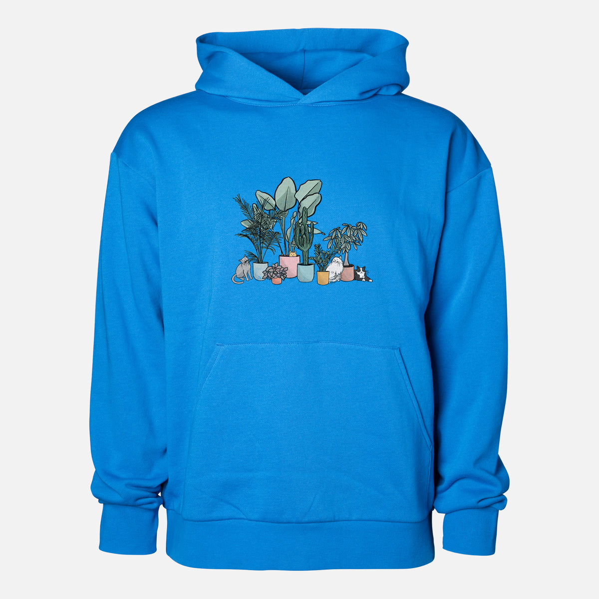 Cats and Plants - Statement Midweight Hoodie in Azure Blue, shown from the front with the design printed on the chest above a front kangaroo pocket.