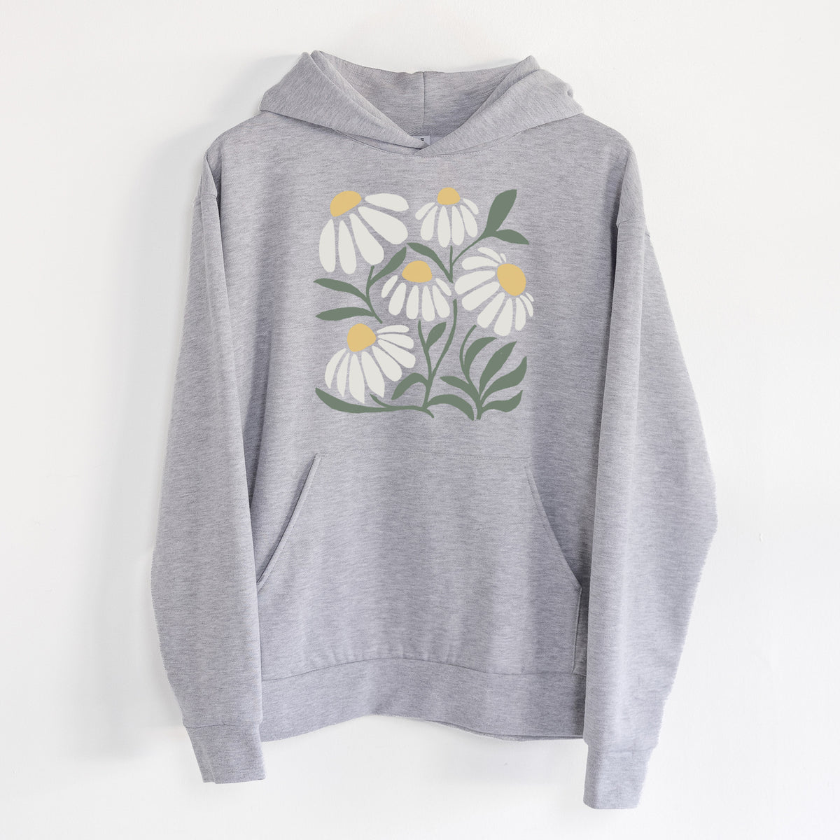 Chamomile Vibes - Statement Midweight Hoodie in Heather Grey, hanging on a white wall, with a front kangaroo pocket and no drawcords.