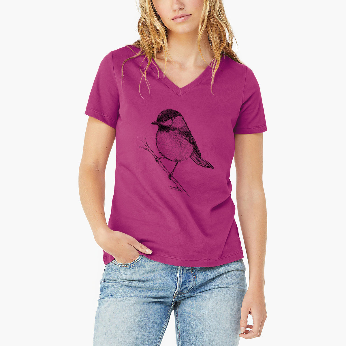 Black-capped Chickadee - Poecile atricapillus - Women&#39;s Lightweight Relaxed Fit 100% Cotton V-neck